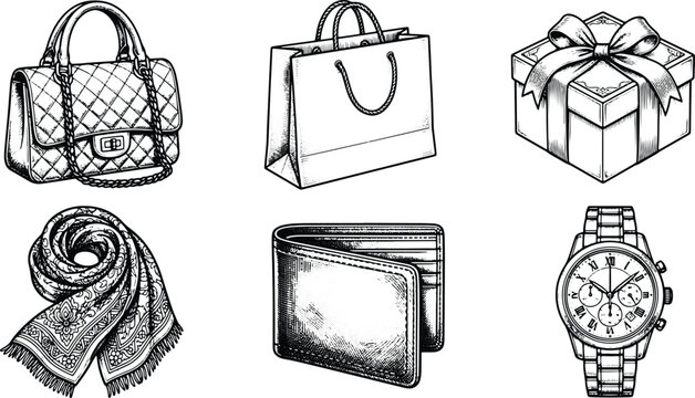 Vintage engraved luxury gift accessories collection featuring handbag shopping bag wallet watch scarf and gift