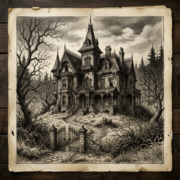 Gothic style castle with snow covered grounds and trees.