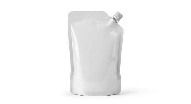 Empty white squeeze pouch with flip cap on white surface