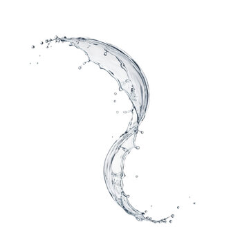 A dynamic splash of clear liquid forming a curved wave shape with scattered droplets, isolated on a white background, for use