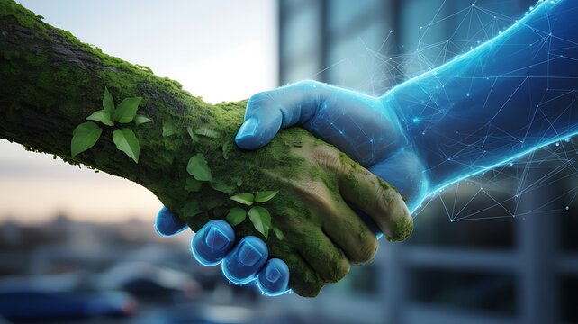 Human and digital hand shaking representing sustainable technology partnership