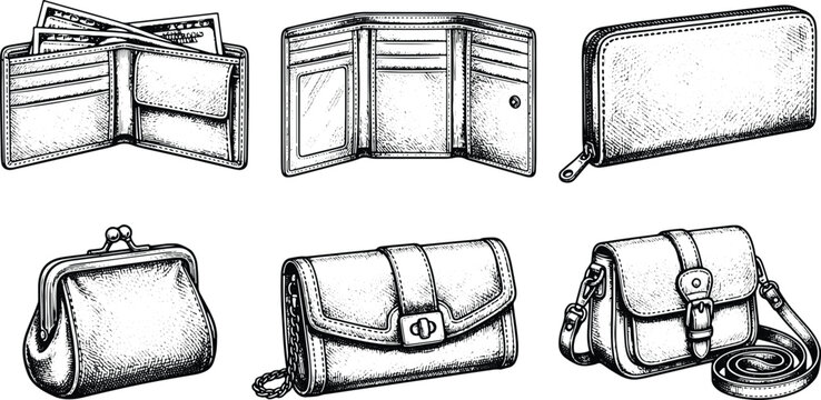 Vintage engraved leather wallets purses handbags and accessories collection isolated vector illustration