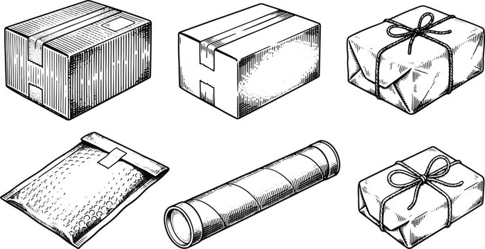 Vintage engraved shipping packages collection featuring cardboard boxes mailers gift parcels and tubes
