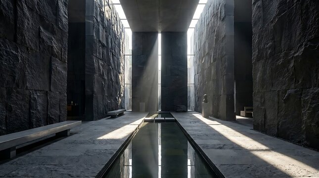 Grand stone hall with massive dark rock walls reflecting pool and dramatic sunlight shafts creating solemn atmosphere of monumental interior architecture design space.