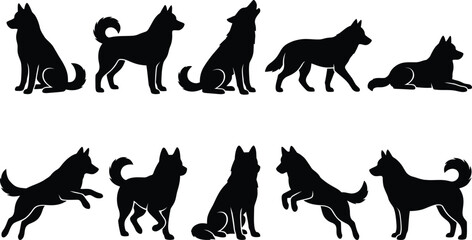 Collection of husky dog silhouettes featuring diverse poses. © jim's Cafe
