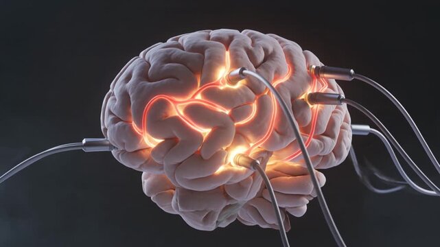 Human brain connected to medical cables with glowing neural activity in dark neuroscience lab