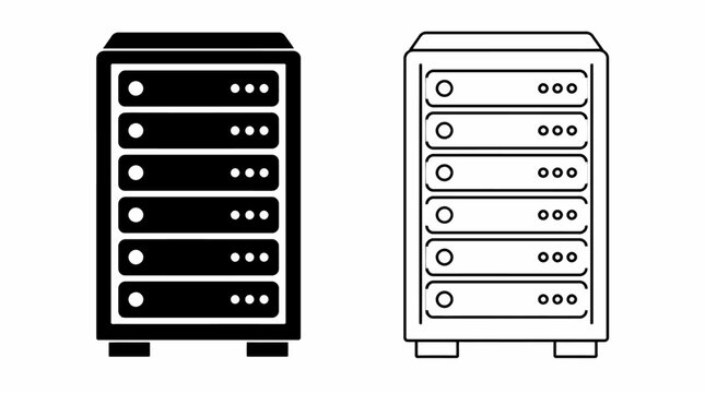 Server tower icons in flat and outline styles for data management