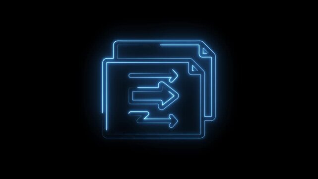 Blue neon document icon with arrows indicating data transfer and workflow automation on black