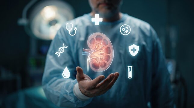 Doctor Holding 3D Holographic Human Kidney with Medical Icons, Showcasing Nephrology Innovation, Digital Healthcare Technology, Clinical Diagnosis, Organ Anatomy, Precision Medicine, Future Healthcare