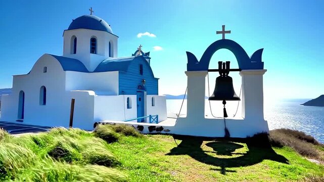 Traditional white blue Greek church stands on green hill against sunny sea horizon, classic island architecture features bell tower under bright summer sky, peaceful Mediterranean travel concept