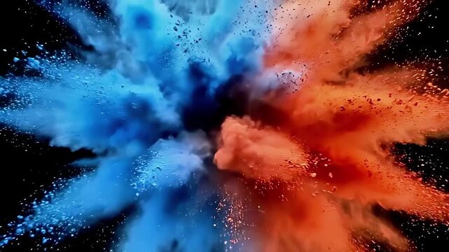 Abstract explosion of blue and orange powder on deep black background, bright contrast of complementary colors and detailed particles create visual accent. Concept of creative energy and splash