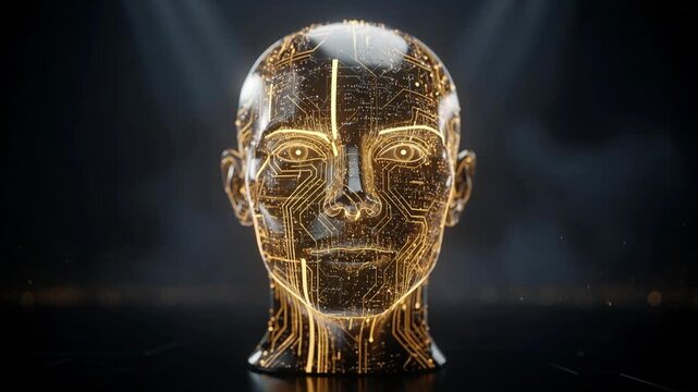 Golden robotic human head with glowing circuit face in dark artificial intelligence laboratory