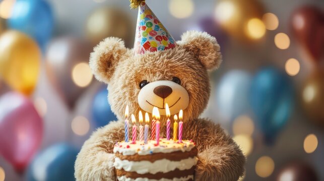 Smiling teddy bear wearing a party hat and holding a birthday cake with lit candles, perfect for birthday cards, children's celebrations, or playful party themes.