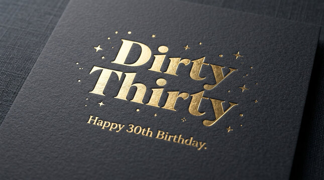 Elegant Dirty Thirty gold foil greeting card, luxury black textured paper for 30th birthday celebration, sophisticated gold lettering on dark cardstock