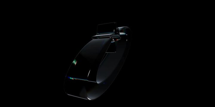 Shiny silver metallic circular ring object floating in dark space with smooth light reflections