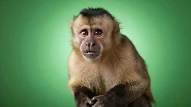 A close up portrait of a curious capuchin monkey against a green background