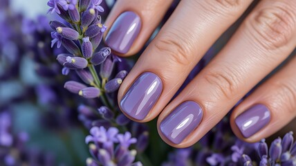 Fototapeta premium Lavender purple manicure with elegant glossy nail polish and flowers
