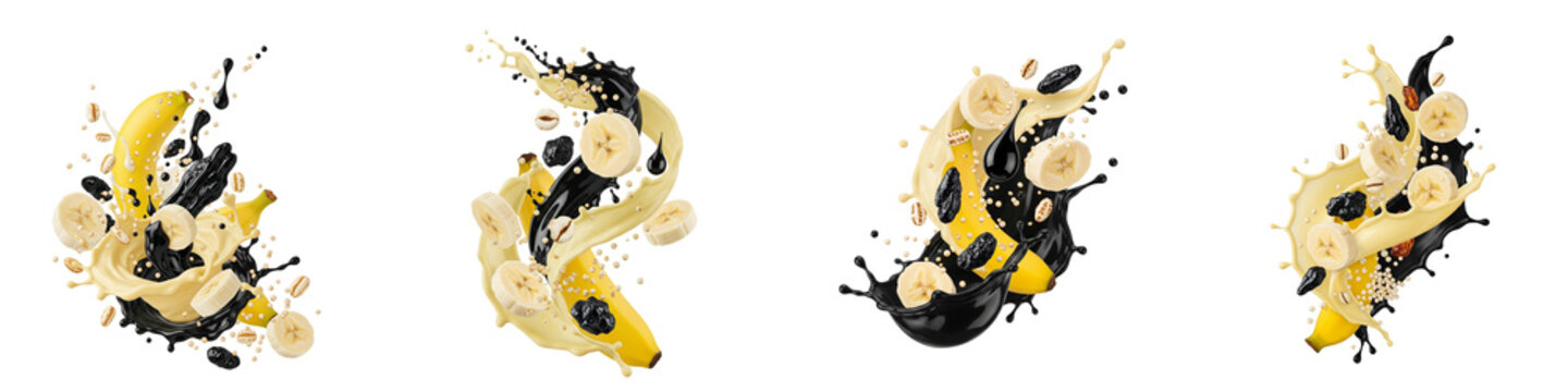 Banana and prune fruit slices with milk and coffee splashes isolated