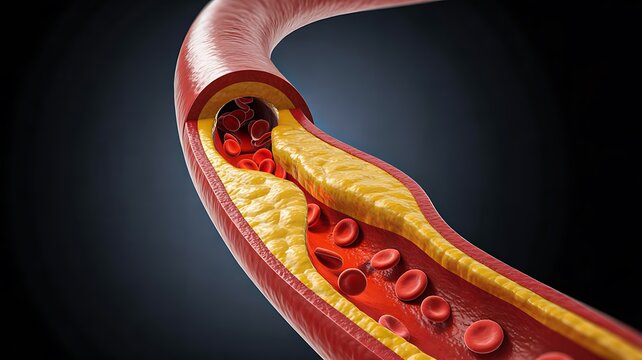Cross section of blocked artery with cholesterol buildup and reduced blood circulation