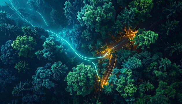 Electric storm in forest landscape.