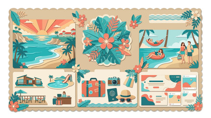 Fototapeta premium Vector illustration of a tropical travel mood board with beach scenes, sunset views, vacation activities, and essential summer holiday icons