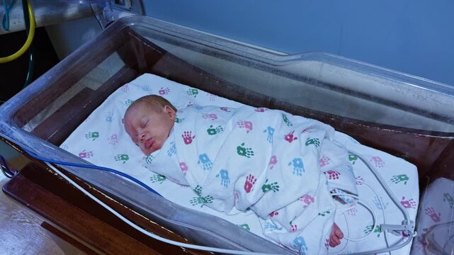 Premature newborn baby sleeping in a NICU bassinet swaddled in a handprint patterned blanket with blue oxygen tubing visible.