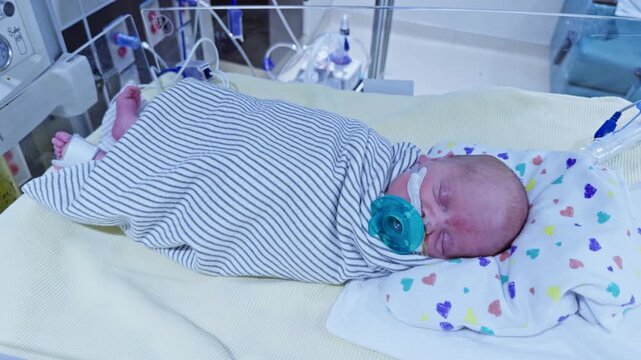 Fixed shot of a newborn baby sleeping in a NICU bassinet with a pacifier, swaddled in a striped blanket while moving legs.