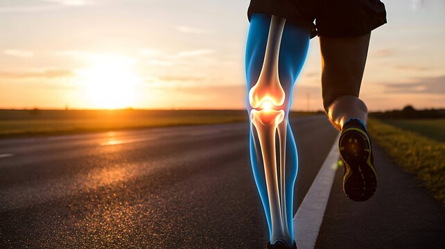 Runner with highlighted knee joint pain during outdoor fitness exercise at sunset