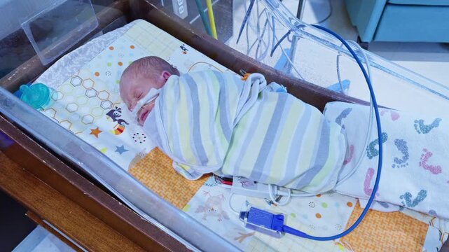 Premature newborn baby sleeping in a NICU bassinet swaddled in a striped blanket with nasal cannula and blue oxygen tubing visible.