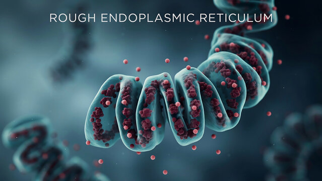 Rough endoplasmic reticulum organelle structure with ribosomes and vesicles in cell biology  detailed microscopic view of cellular component