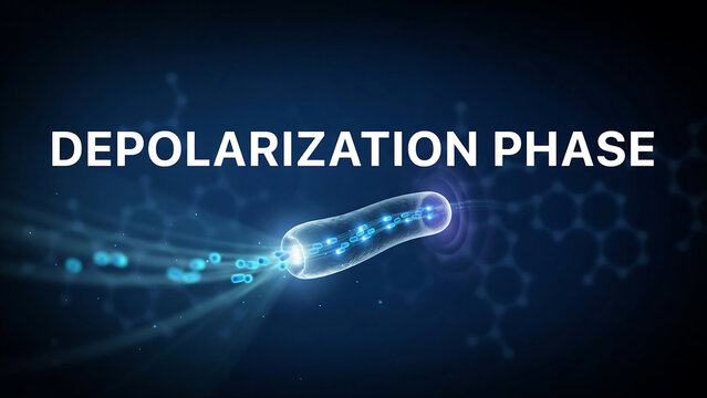 Depolarization phase of a neuron cell with ions flowing through the membrane  action potential in a cell  blue background with molecular structures