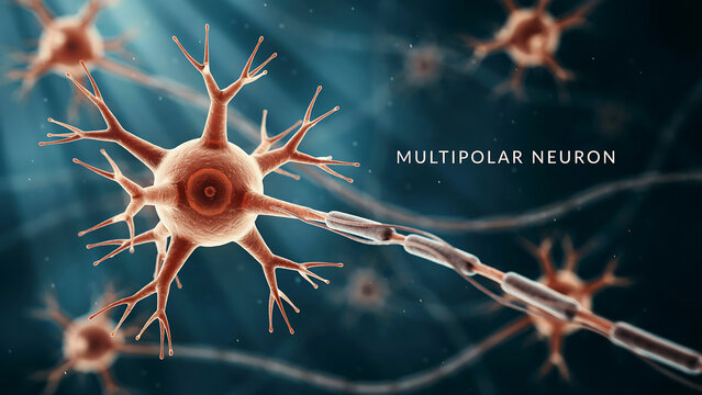 Multipolar neuron cell with dendrites and axon in a complex neural network  Science and medical concept  Biology and neuroscience research