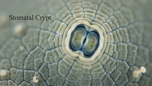 Microscopic view of stomatal crypt on leaf surface with guard cells and epidermal cells  plant anatomy and biology