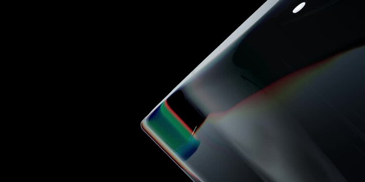 Abstract dark glossy liquid surface with colorful light reflections and smooth curved organic shapes
