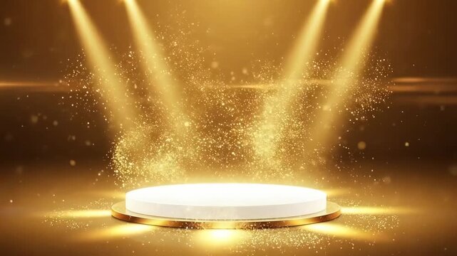 A circular white podium illuminated by golden spotlights on a stage background