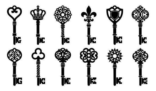 Vintage skeleton key silhouette vector icon pack antique old door keys collection isolated on white background