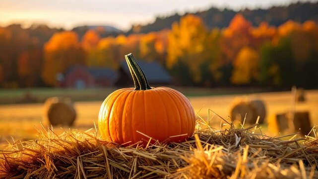 Vibrant autumn pumpkin on hay bale in golden hour rural landscape