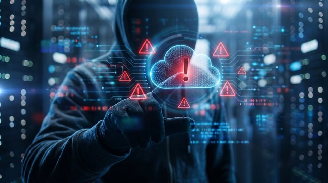Hacker touching glowing cloud computing security alert hologram in dark server room representing data breach and unauthorized access to remote data storage systems and digital assets