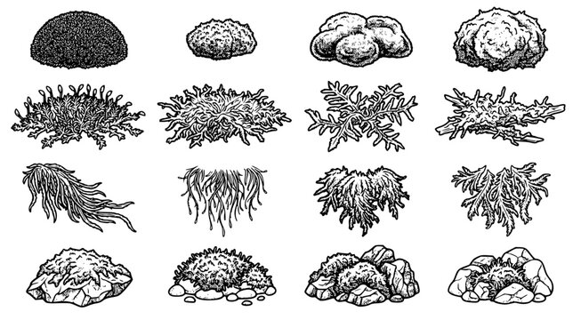 Collection of various natural moss and lichen rock clusters in detailed ink sketch style isolated on white background for landscape and environmental design illustration projects