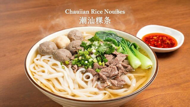 Authentic Teochew Chaoshan Rice Noodle Soup with Beef Meatballs, Raw Sliced Beef and Bok Choy, Side Chili Oil Dipping Sauce Bowl, Bilingual English and Chinese Text Header Warm Wooden Table Close-Up F