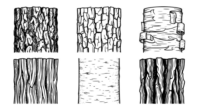 Set of six hand drawn tree bark textures showcasing various organic patterns including rough ridges and smooth peeling surfaces rendered in a detailed black and white ink illustration style