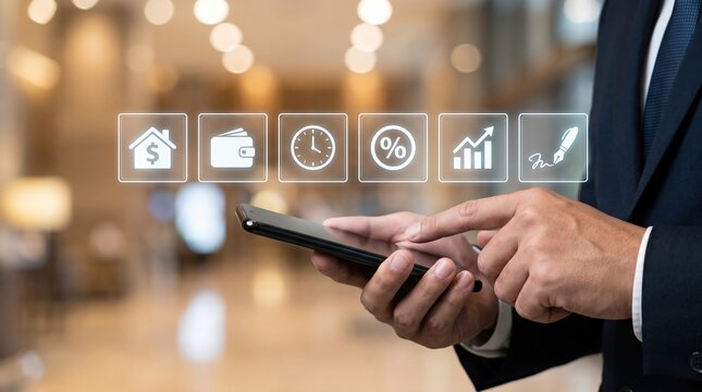 Businessman Hands Holding Smartphone with Floating Financial UI Icons, Featuring Digital Banking, Money Management, Investment Tracking, and Modern Corporate Technology Concepts