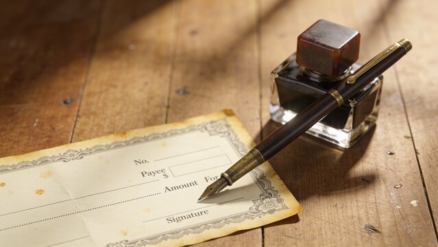 features a vintage-style blank check placed on a wooden surface. The check has an ornate border with a floral pattern in the center, printed in a muted gray color. The paper appears aged, with visible