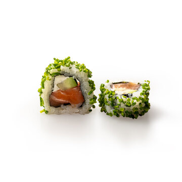 Sushi Roll with Chopped Green Onions. Sushi Roll with Green Onions Isolated on White Background