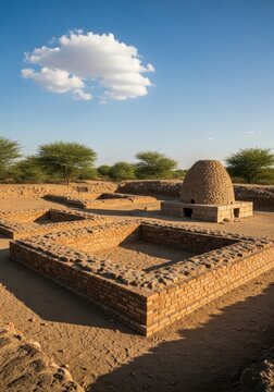 Ancient brick ruins of the Indus Valley Civilization at Mohenjo-daro archaeological site under a clear blue sky.