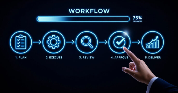 Businessman touching digital task management interface dashboard showing completed project progress