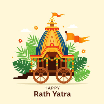 Happy Rath Yatra Festival Celebrations with Decorated Chariot and Green Foliage