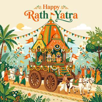 Happy Rath Yatra Festival Celebration, Indian Chariot Procession with Deities and Devotees