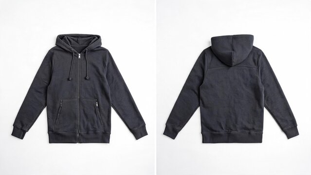 Black zip up hoodie front and back view on white background for apparel mockup and product design