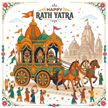 Happy Rath Yatra Festival: Chariot Parade with Deities and Devotees